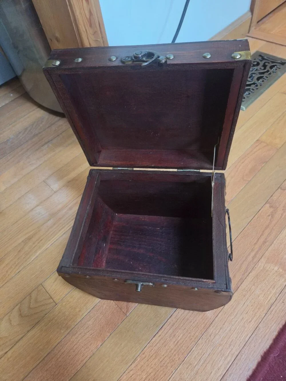 vintage decorative wooden storage chest brass metal brackets and studs